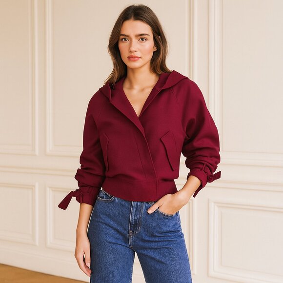 NWT Relative Pi Flap Pocket Slouchy Hooded Bomber Jacket in Mahogany Berry - Picture 1 of 12
